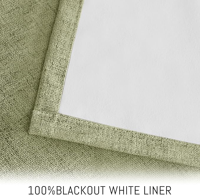 Yakamok Linen Sage Curtains 100% Blackout 63 Inches Long,Room Darkening Textured Curtains for Living Room Thermal Grommet Bedroom Curtain 2 Panels with Greyish White Liner