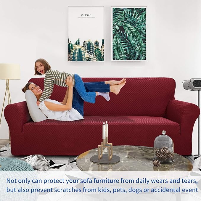 ZNSAYOTX 1 Piece Jacquard Couch Covers for 3 Cushion Couch High Stretch Sofa Cover for Pets Dogs Anti Slip Extra Large Sofa Slipcovers Furniture Protector (XL Sofa, Wine Red)