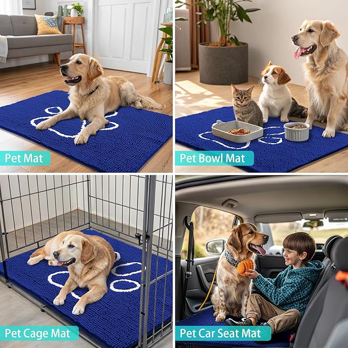 Smiry Dog Door Mat for Muddy Paws, Absorbent Dirt Trapper Non Slip Quick Dry Washable Chenille Mat for Mud Dogs, Entry Rug for Indoor and Outdoor (36x24 Inches, Royal Blue and White)