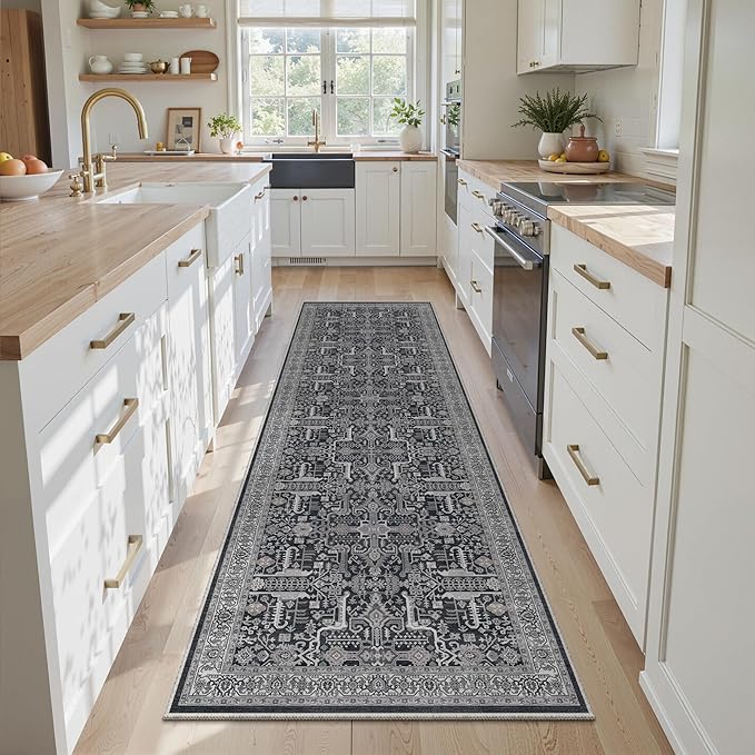 2x6 Hallway Washable Runner Rug - Soft Non Slip Vintage Rugs for Entryway Low-Pile Farmhouse Neutral Kitchen Runners Living Room Floor Mat Stain Resistant Distressed Carpet for Bedroom Bathroom Black