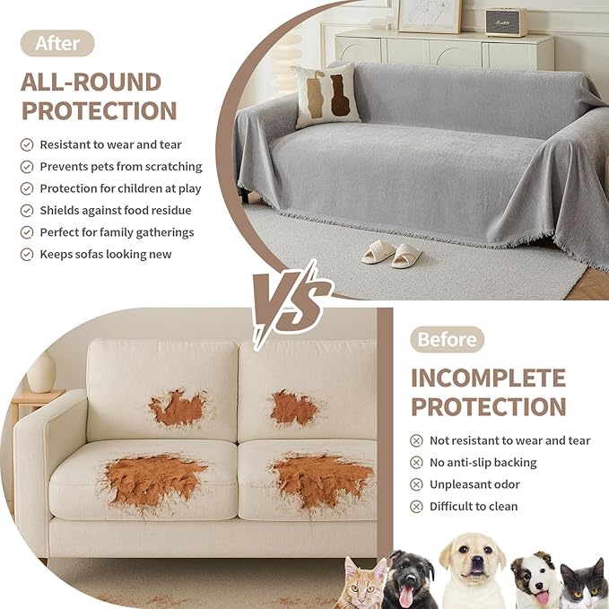 Couch Cover for Dogs, Boho Sofa Covers for 3 Cushion Couch, Chenille Sofa Slipcover for Pets Washable, L-Shape Sectional Couch Cover Soft Throw Blankets with Tassels(91x118,Grey)