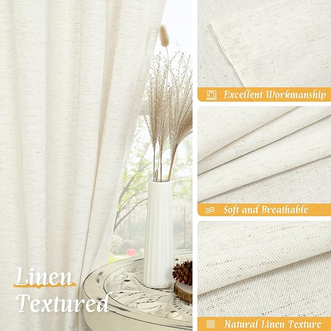 LAMIT Cream Linen Curtains for Living Room, 84 Inches Long 2 Panels Natural Light Filtering Soft Thick Bedroom Semi Sheer Privacy Drapes with Rod Pocket for Farmhouse/Sliding Door, 52 x 84 Inch
