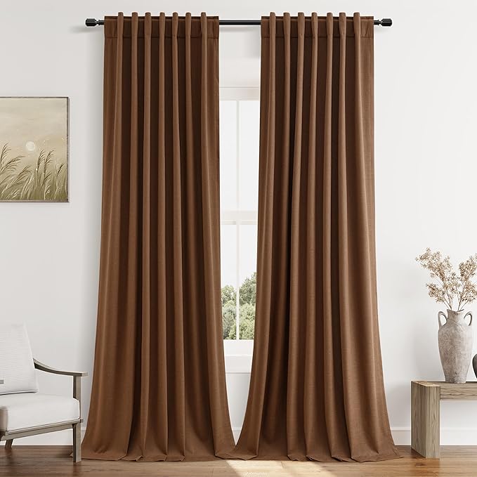 Guken Caramel Brown 100% Blackout Linen Curtains 120 Inch Length 2 Panels Set for Living Room Bedroom Back Tab/Rod Pocket Thermal Insulated Black Out Drapes Room Darkening Farmhouse Window Curtains