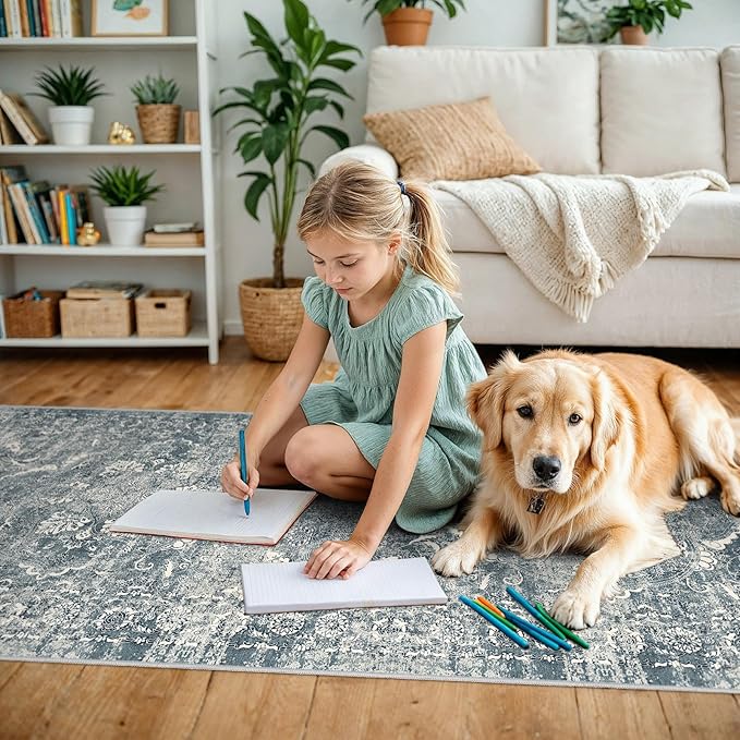 2'6"x14' Washable Hallway Runner Rug - Non Slip Kitchen Runner Rugs with Rubber Backing Vintage Low-Pile Carpet Runners for Entryway Dining Room Laundry Room Home Decor (Blue)