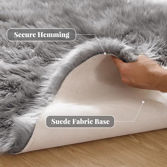 ORINOVA Silver Grey Furry Faux Sheepskin Shag Fur Rugs for Living Room Small Plush Circle Washable Area Rugs for Cute Room Nursery Decor Round Rug 3ft