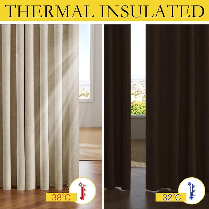 NICETOWN Cream 100% Blackout Linen Curtains 45 inch Long Burg for Dining Room, 1 Pair, 42" Width Each Panel, Farmhouse Thick Completely Blackout Window Treatment Thermal Insulated Drapes
