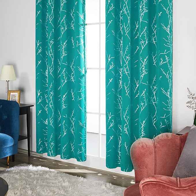 Deconovo Blackout Curtains, Thermal Insulated Soundproof Drapes with Tree Foil Print, 52 x 84 Inch, Set of 2, Machine Washable Window Curtain for Bedroom Living Room Nursery Kitchen Office, Turquoise