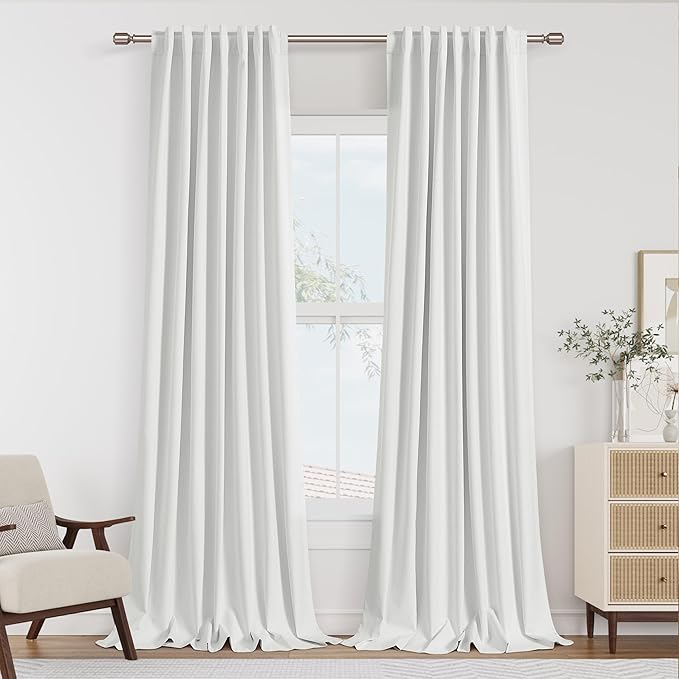 White 100% Blackout Linen Curtains 94 Inch Length 2 Panels Set for Living Room Bedroom Back Tab Thermal Insulated Black Out Drapes Room Darkening Farmhouse Style for Bedroom Window Curtains 52x94