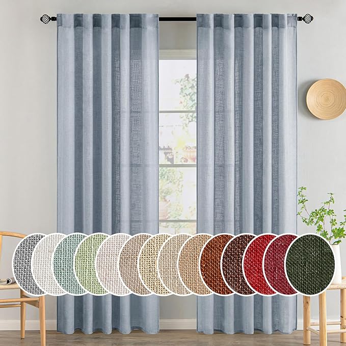 MIULEE Chambray Blue Linen Curtains 90 Inch Long 2 Panels for Bedroom Living Room, Soft Linen Textured Window Drapes Semi Sheer Light Filtering Back Tab Rod Pocket Farmhouse Modern Burlap Look Decor