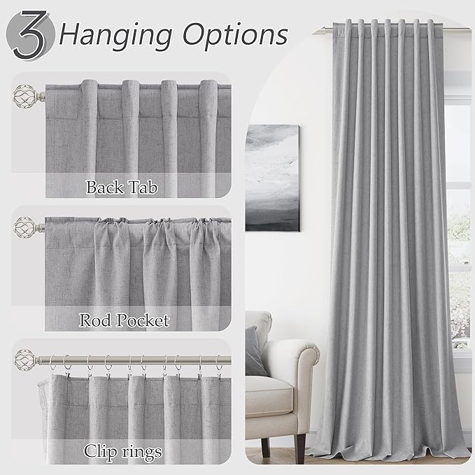 Guken Grey 100% Blackout Curtains 120 Inch Length 2 Panels Set for Living Room Bedroom Back Tab Thermal Insulated Black Out Linen Drapes Room Darkening Window Curtains 52x120
