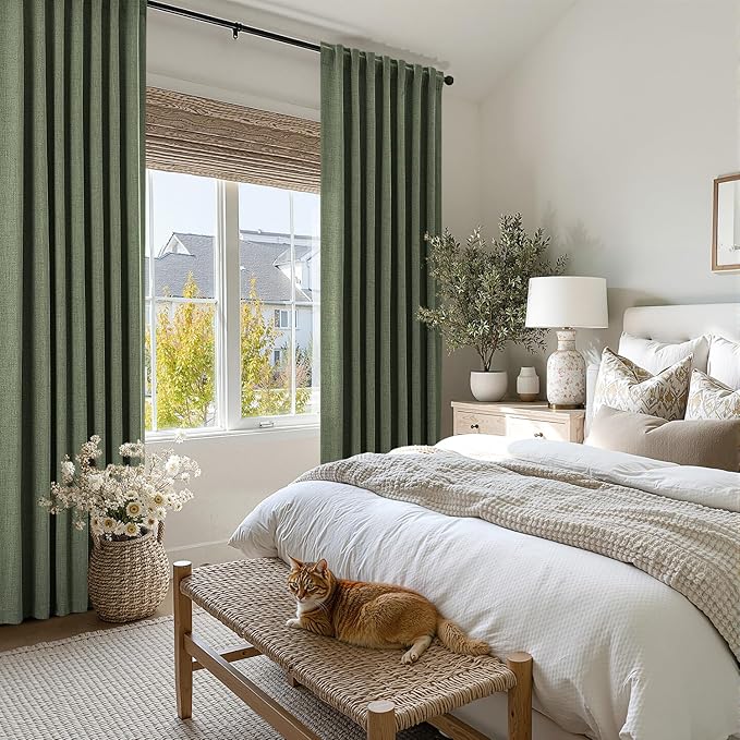 MIULEE 100% Blackout Linen Curtains for Bedroom, Olive Green Solid Luxury Decor Thermal Insulation Room Darkening Drapes for Living Room Nursery Back Tab Rod Pocket 42 x 96 Inches, 2 Panels