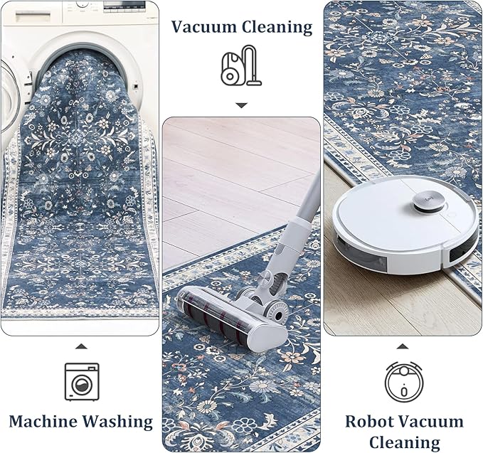 Yamaziot Washable Runner Rug 2x6 – Non Slip Boho Floral Hallway Runner Rug with Rubber Backing, Low Pile Faux Wool Distressed Carpet for Kitchen, Laundry, Bedroom, Entrance, Blue