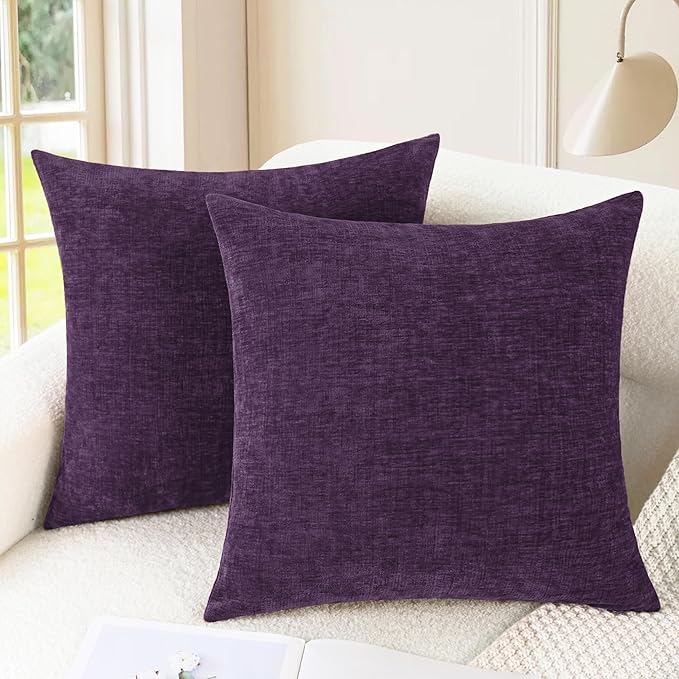 CaliTime Throw Pillow Covers Decorative 16 X 16 Inches Pack of 2 Cozy Chenille Cushion Cases for Couch Sofa Bed Living Room Home Plum Purple