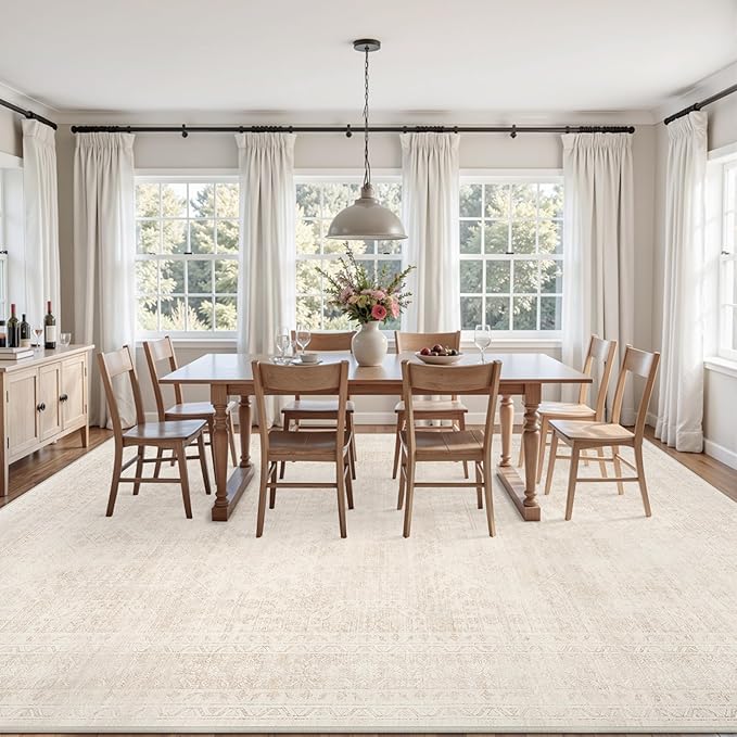 Area Rugs 9x12 Living Room: Vintage Boho Neutral Washable Rug Indoor Soft Large Area Rug Carpet for Bedroom Nursery Farmhouse Dining Room Office Floor Non-Slip Low Pile Under Table Rug Beige