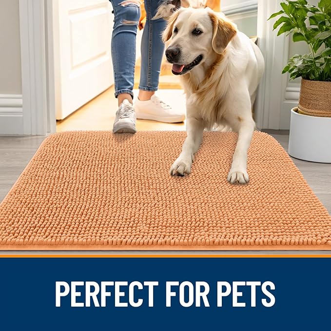 OLANLY Dog Door Mat for Muddy Paws 45x27, Absorbs Moisture and Dirt, Absorbent Non-Slip Washable Doormat, Quick Dry Chenille Mud Mat for Dogs, Entry Indoor Entryway Carpet for Inside Floor, Orange