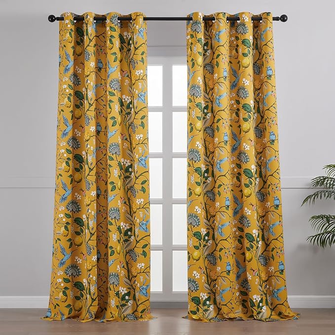 Topfinel 90 Inches Long Curtains & Drapes 2 Panels, Unique Nature Luxury Elegant Colorful Dark Floral Hummingbird Patterned Rustic Mustard Yellow Grommet Drapes for Classroom Room Office Closet 52x90