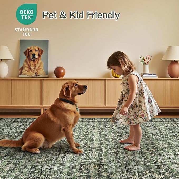 Lofus 8x10 Area Rug for Living Room,Green Washable Large Rugs with Non-Slip Backing,Soft Boho Carpets for Bedroom Dining Room Home Office Indoor Nursery