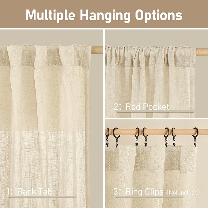 LAMIT Semi Sheer Beige Linen Curtains 63 inch, Light Filtering Panels Back Tab and Rod Pocket Neutral Drapes for Bedroom/Living Room, Beige, 2 Panels, 34 x 63 Inch