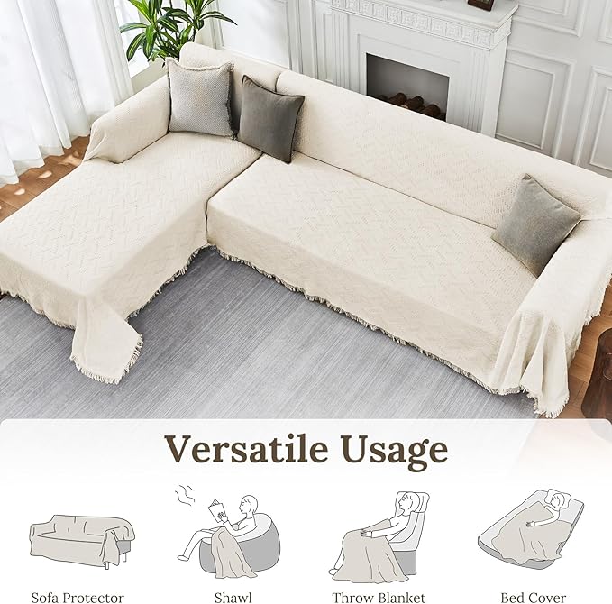 HOMERILLA Sectional Couch Covers for Sectional Sofa L Shaped Sofa Cover Blanket 2 Pieces L Shape Furniture Protector for Pets Dogs(Ivory, Large)