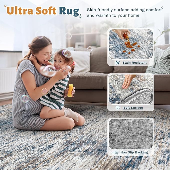 XLUEZ 9x12 Area Rug for Living Room, Washable Modern Abstract Large Area Rug Neutral Soft Non Slip Kids Rug Stain Resistant Indoor Carpet for Bedroom Dining Room Playroom Office(BlueWhite, 9'x12')