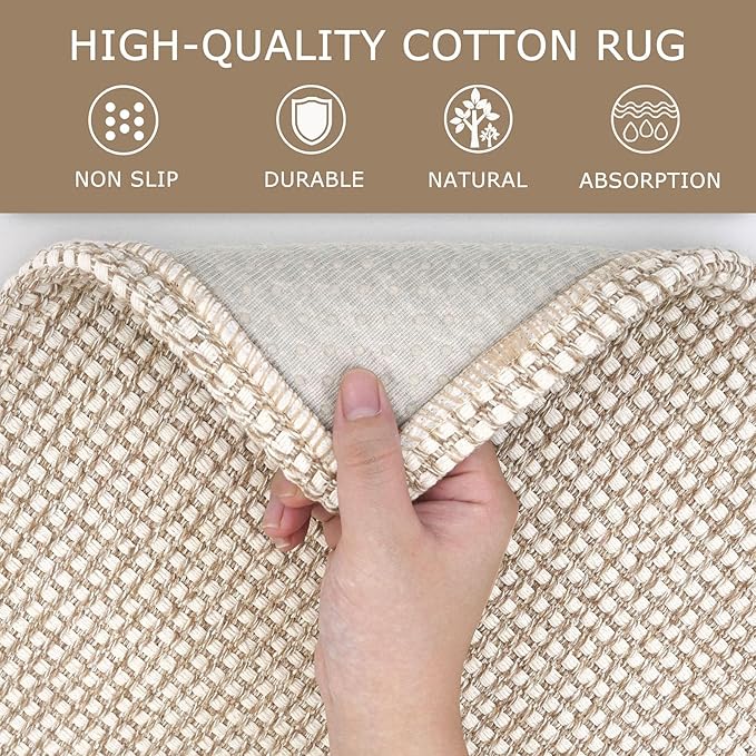 KOZYFLY Runners for Hallways 2x10 ft Washable Kitchen Runner Non Slip Rubber Backed Hallway Rugs Cotton Entryway Runner Rug Floor Carpet for Indoor Hall, Backdoor, Kitchen, Ivory/Khaki