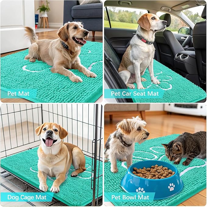 OLANLY Dog Door Mat for Muddy Paws 59x35, Paw Print Design, Absorbs Moisture and Dirt, Absorbent Non-Slip Washable Doormat, Quick Dry Chenille Mud Mat for Dogs, Entry Indoor Entryway Carpet, Teal