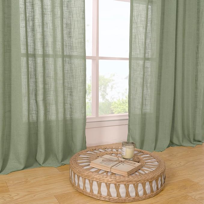 LAMIT Sage Green Semi Sheer Window Linen Curtains, 54 Inch Length Light Filtering Panels Back Tab and Rod Pocket Neutral Drapes for Bedroom/Living Room, 2 Panels, 34 x 54 Inch
