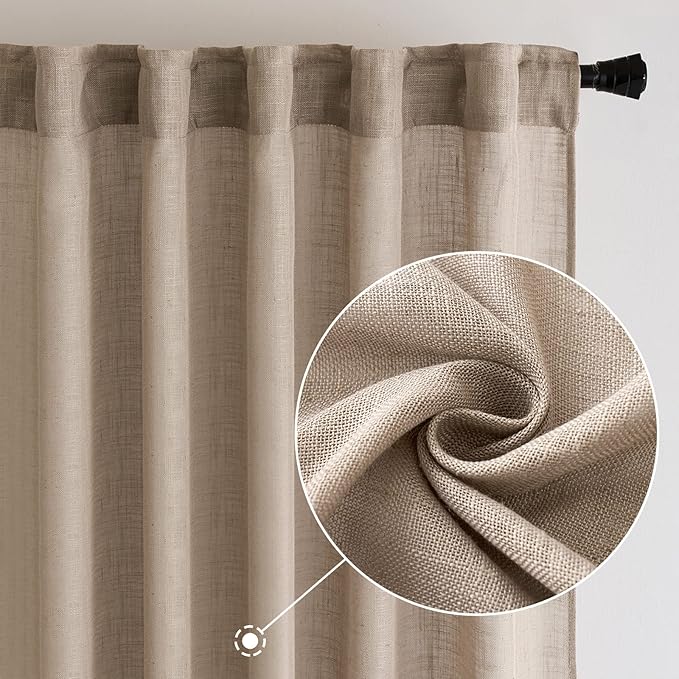 MIULEE Taupe Linen Curtains 84 Inch Length 2 Panels for Bedroom Living Room, Soft Thick Linen Textured Natural Window Drapes Semi Sheer Light Filtering Back Tab Rod Pocket Burlap Look Decor