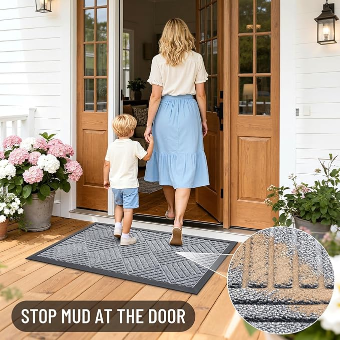 OLANLY Front Door Mat Outside Entrance 47x32, Absorbent, Heavy Duty Sturdy Natural Rubber Doormat Indoor Outdoor, Stain Fade Resistant, Non-Slip Low Profile Floor Mat Entryway, Charcoal Gray Diamond