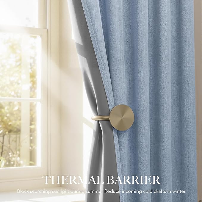 RYB HOME Linen Texture Curtains for Bedroom, 100% Blackout Thermal Insulated Curtains, Rod Pocket&Back Tab Room Darkening Drapes Luxury Decor for Living Room Nursery, W52xL96, 2 Panels, Smoky Blue