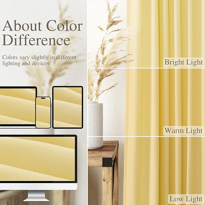 Nanspring Yellow Linen Curtains 80 Inches Long for Bedroom Back Tab Light Filtering Privacy Sheer Yellow Curtain Modern Farmhouse Coastal Decor Cotton Textured Gauze Drapes 2 Panel Set 52x80