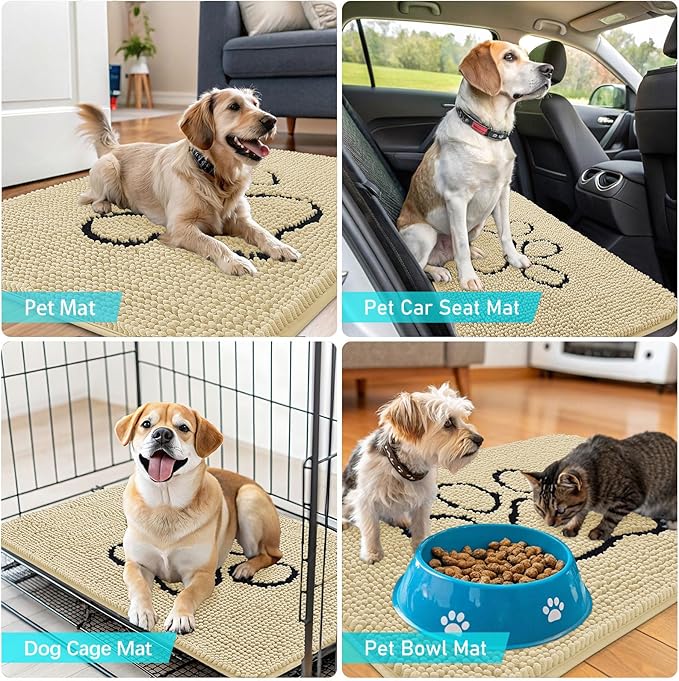 OLANLY Dog Door Mat for Muddy Paws 48x30, Paw Print Design, Absorbs Moisture and Dirt, Absorbent Non-Slip Washable Doormat, Quick Dry Chenille Mud Mat for Dogs, Entry Indoor Entryway Carpet, Sand