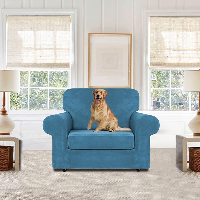 WEERRW Velvet Stretch Chair Sofa Slipcover - 2 Pieces Luxury Soft Velvet Plush Couch Cover Furniture Protector with Elastic Bottom for Pets, Machine Washable, Peacock Blue, Small