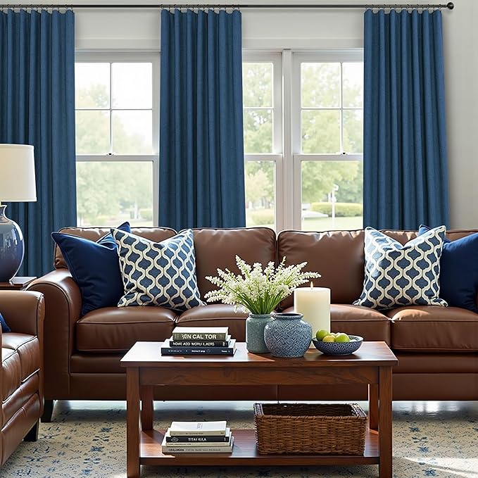 Navy Blue Linen Textured Curtains 90 Inches Long 2 Panels Set Modern Neutral Nursery Blackout Curtains for Kids Bedroom Black Out Thermal Drapes for Summer Heat Noise Reducing Back Tab 52x90 Length