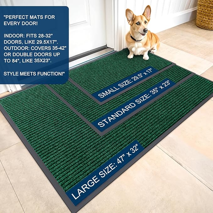 OLANLY Front Door Mat Indoor Outdoor Entrance, Waterproof Heavy Duty Doormat, Fade Resistant, Low Profile, Easy Clean Patio Porch Welcome Floor Mats for Entry, 59x40, Green