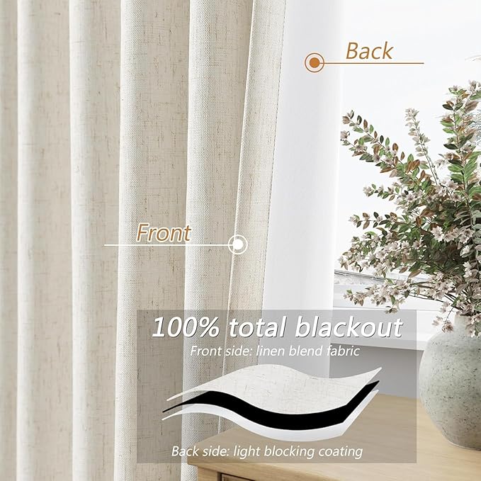 Guken 100% Blackout Cream Linen Curtains 40 Inch Wide by 90 Inch 2 Panels Set for Living Room Bedroom Back Tab Thermal Insulated Black Out Linen Drapes Room Darkening Window Curtains, Cream