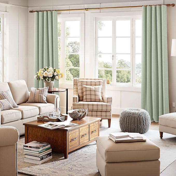 RYB HOME 100% Blackout Sage Green Linen Curtains, Light & Heat Blocking Thermal Privacy Protection Neutral Window Drapes for Living Room Bedroom, 52" W x 90" L, 2 Panels Set