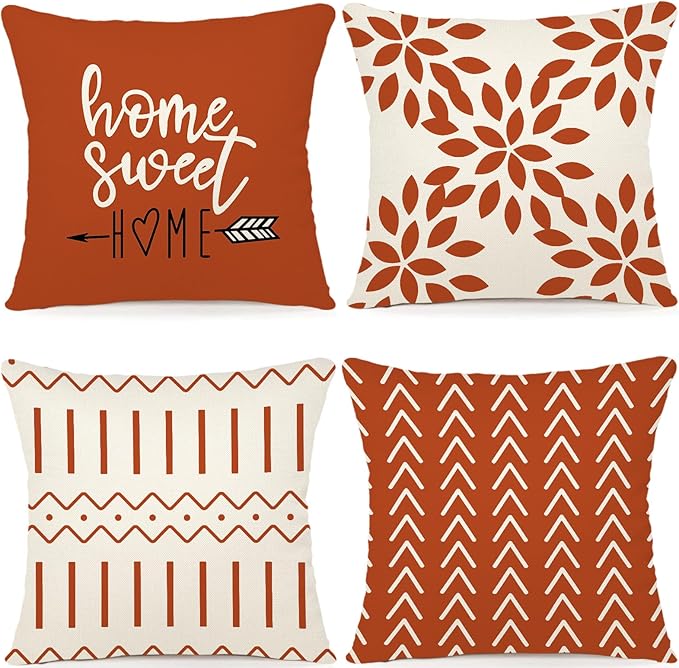 YCOLL Fall Pillow Covers 20x20 Set of 4, Modern Sofa Throw Pillow Cover for Fall Decor, Decorative Outdoor Linen Fabric Pillow Case for Couch Bed Car, Burnt Orange