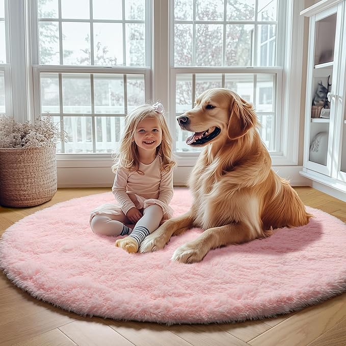 ONASAR Light Pink Round Area Rugs 3ft for Bedroom Living Room, Fluffy Cat Dog Bed Mat, Circle Rug for Kids Girls Boys Teen, Soft Plush Shaggy Carpet for Nursery Dorm Home Decor Aesthetic