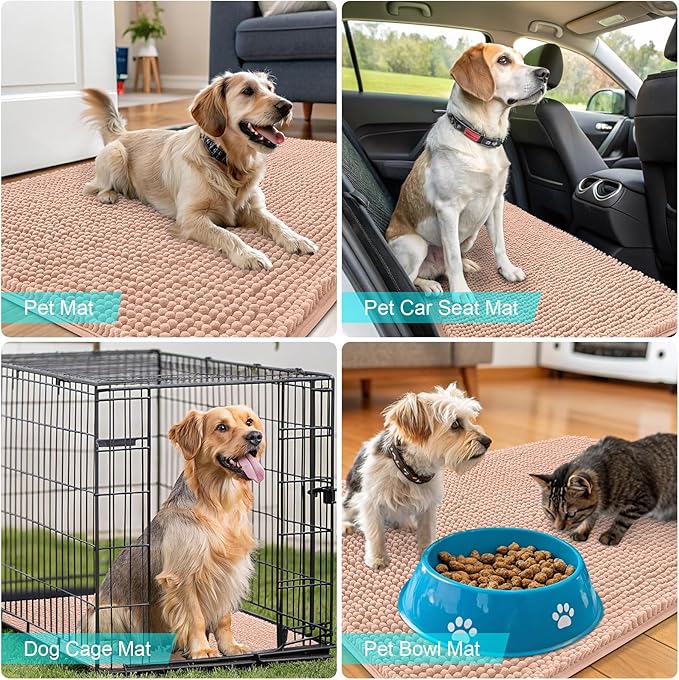 OLANLY Dog Door Mat for Muddy Paws 40x24, Absorbs Moisture and Dirt, Absorbent Non-Slip Washable Doormat, Quick Dry Chenille Mud Mat for Dogs, Entry Indoor Entryway Carpet for Inside Floor, Peach