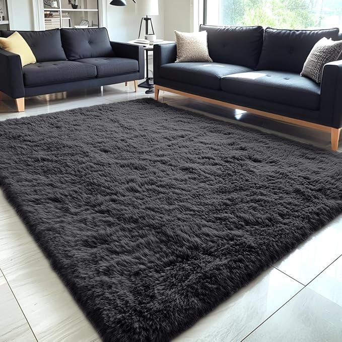 OLANLY 5x5 Area Rugs for Living Room Bedroom, Machine Washable Soft Fluffy Shaggy Bedside Rug, Indoor Floor Carpet for Kids Girls and Boys, Dorms, Nursery Rooms, Home Decor Aesthetic, Black
