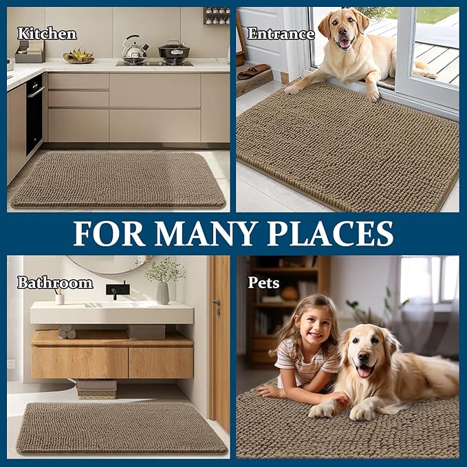 OLANLY Dog Door Mat for Muddy Paws 47x24, Absorbs Moisture and Dirt, Absorbent Non-Slip Washable Doormat, Quick Dry Chenille Mud Mat for Dogs, Entry Indoor Entryway Carpet for Inside Floor, Tan