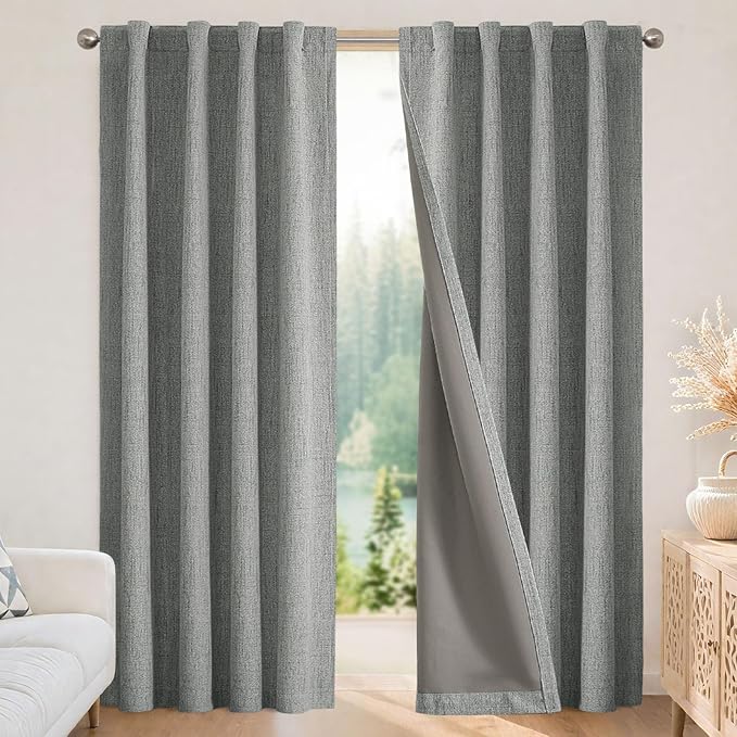 Joydeco Linen Blackout Curtains for Bedroom - 100% Light Blocking 1 Panels, Light Grey Drapes 70" W x 96" L, Thermal Insulated Room Darkening Curtains for Living Room, Rod Pocket & Back Tabs