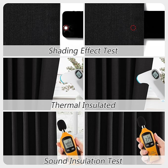 Guken Black 100% Blackout Curtains 108 Inch Length 2 Panels Set for Living Room Bedroom Back Tab Thermal Insulated Black Out Linen Drapes Room Darkening Window Curtains 52x108