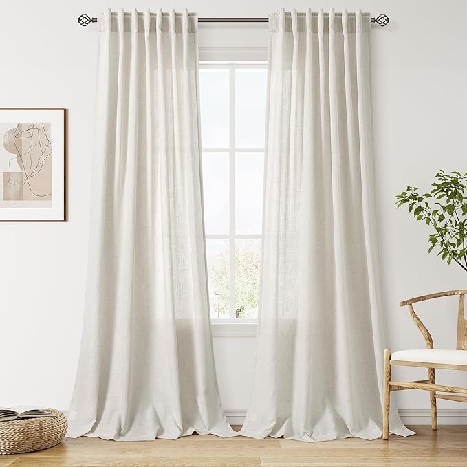 Nanspring Mousse White Linen Curtains 96 Inches Long for Living Room Simple Modern Luxury Light Filtering Semi Sheer Curtain Back Tab Neutral Coastal Decor Drapes for Bedroom Office 52x96, 2 Panels
