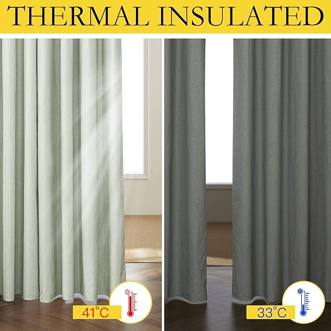 NICETOWN 100% Blackout Sage Green Linen Curtains 90" Length with Thermal Insulated Liners, 2 Panels, 62" W, Farmhouse Style Room Cooling Small Window Draperies for Dining Room