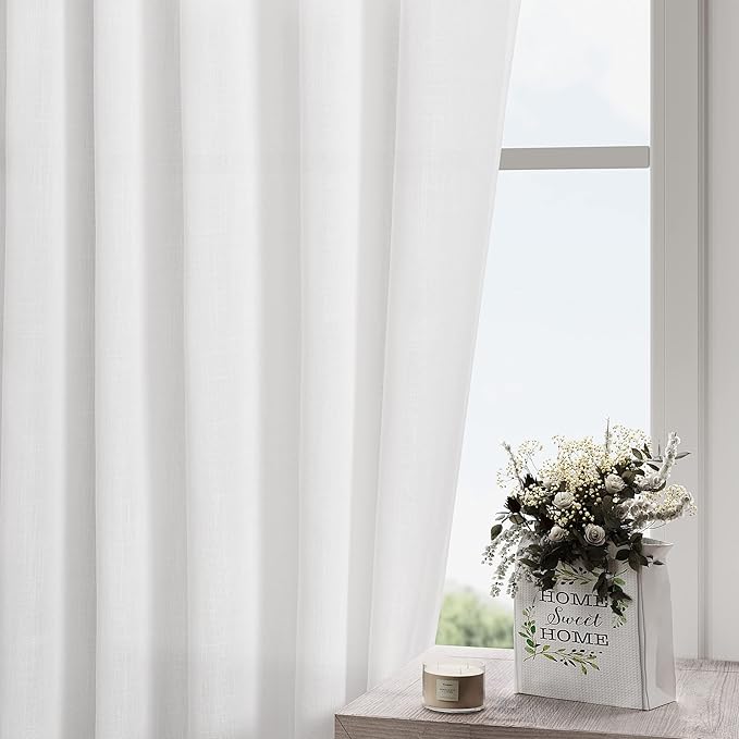 White Linen Curtains38x84 inches Long for Living Room Back Tab Light Filtering Privacy Sheer Curtain Modern Farmhouse Coastal Decor Off White Cotton Textured Narrow Window Curtains 2 Panel Set