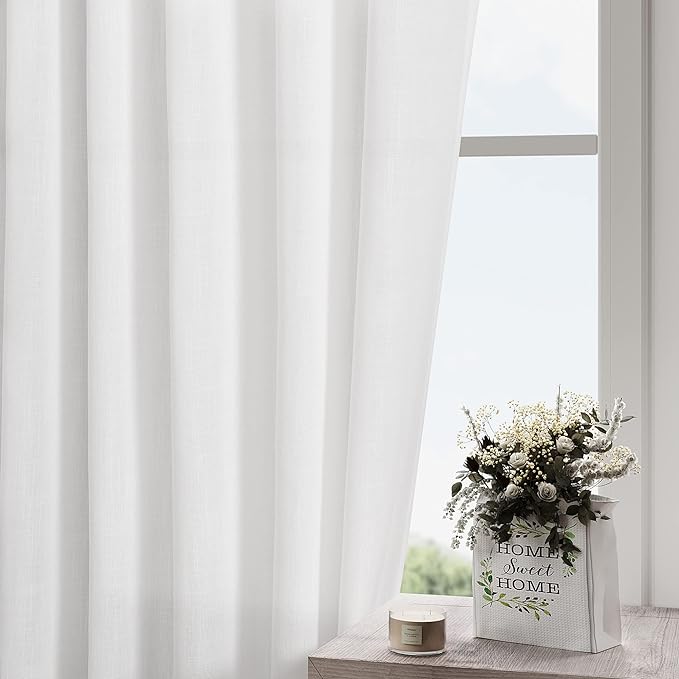 Nanspring White Linen Curtains for Living Room 93 Inches Long Extra Long Back Tab Curtains 2 Panels Set Farmhouse Light Filtering Semi Sheer Linen Drapes Ceiling to Floor for Large Window 52x93