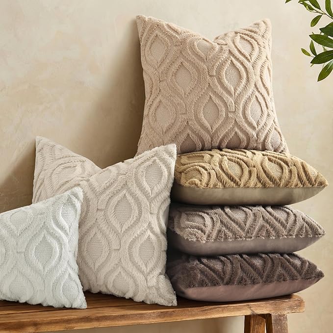 decorUhome Throw Pillow Covers 24x24 Inch Set of 2, Soft Plush Faux Wool Light Khaki Solid Couch Pillow Covers, Accent Euro Sham Farmhouse Neutral Square Pillow Cases for Sofa Bed Living Room