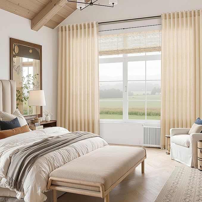Nanspring Tan Semi Sheer Curtains 72 Inches Long for Bedroom Back Tab Rod Pocket Light Filtering Privacy Drapes Cotton Linen Textured Farmhouse Living Room Curtain 52X72 Inches,2 Panels
